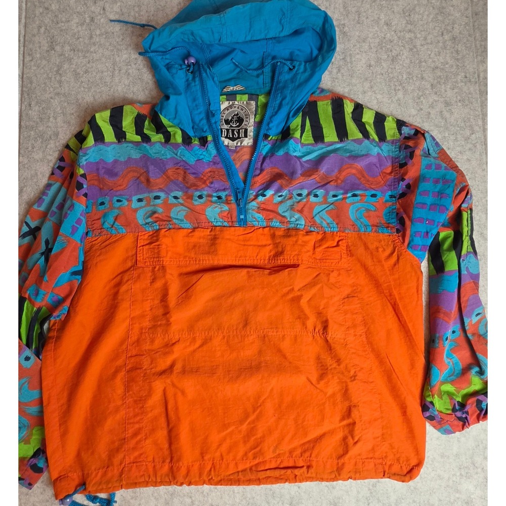 Vintage DASH Lifes Adventures 80s 90s Windbreaker Anorak Hooded Pullover Large